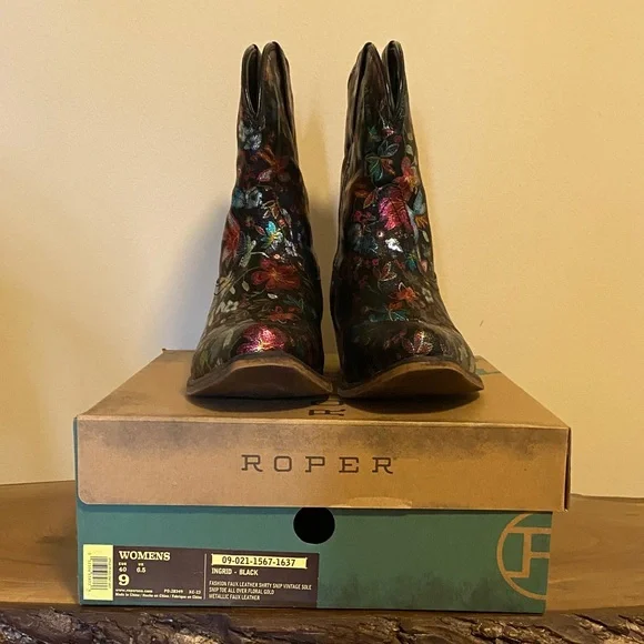 Roper Black Floral Embroidered Ankle Boots - Picture 6 of 6